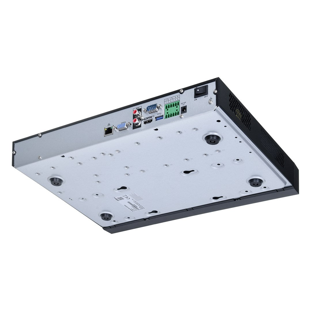 Vista posteriore di dispositivo nero con porte: HDMI, VGA, LAN, DC12V e interruttore.