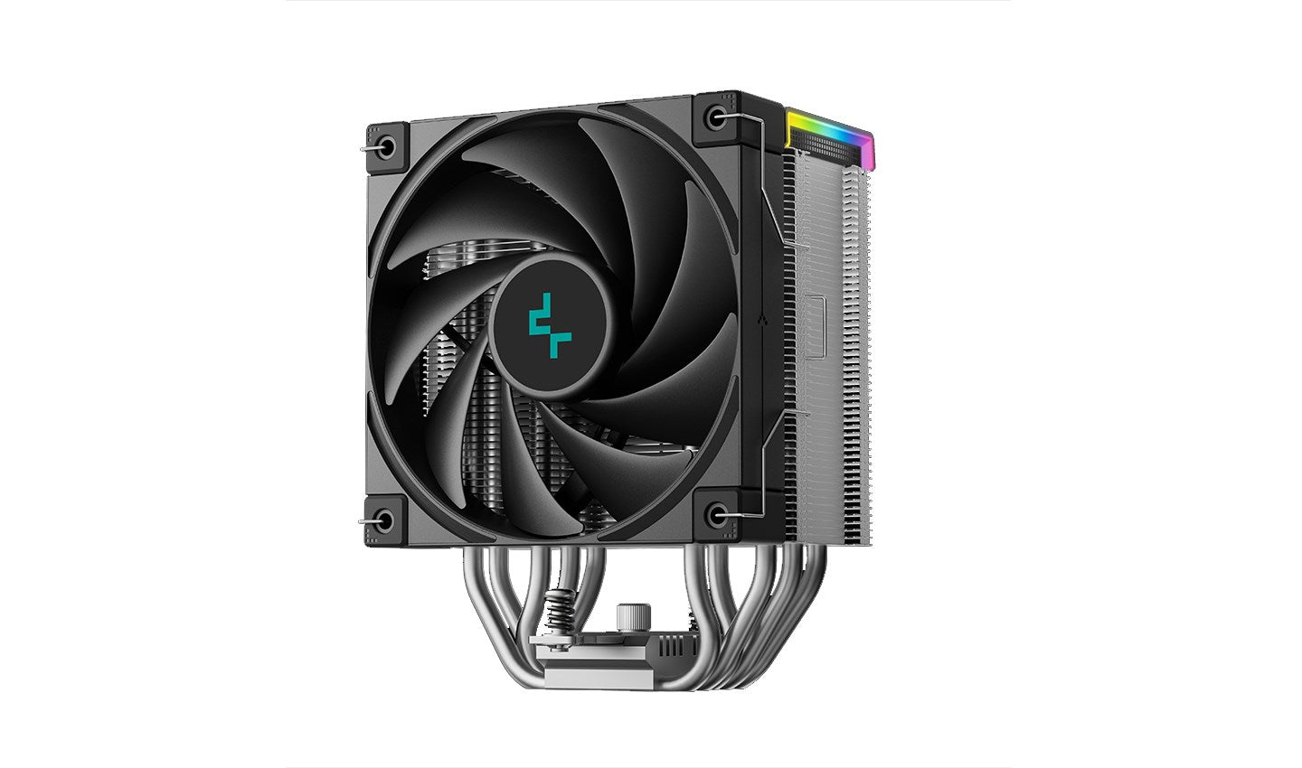 Un dissipatore per CPU nero con alette in alluminio, ventola e illuminazione RGB.