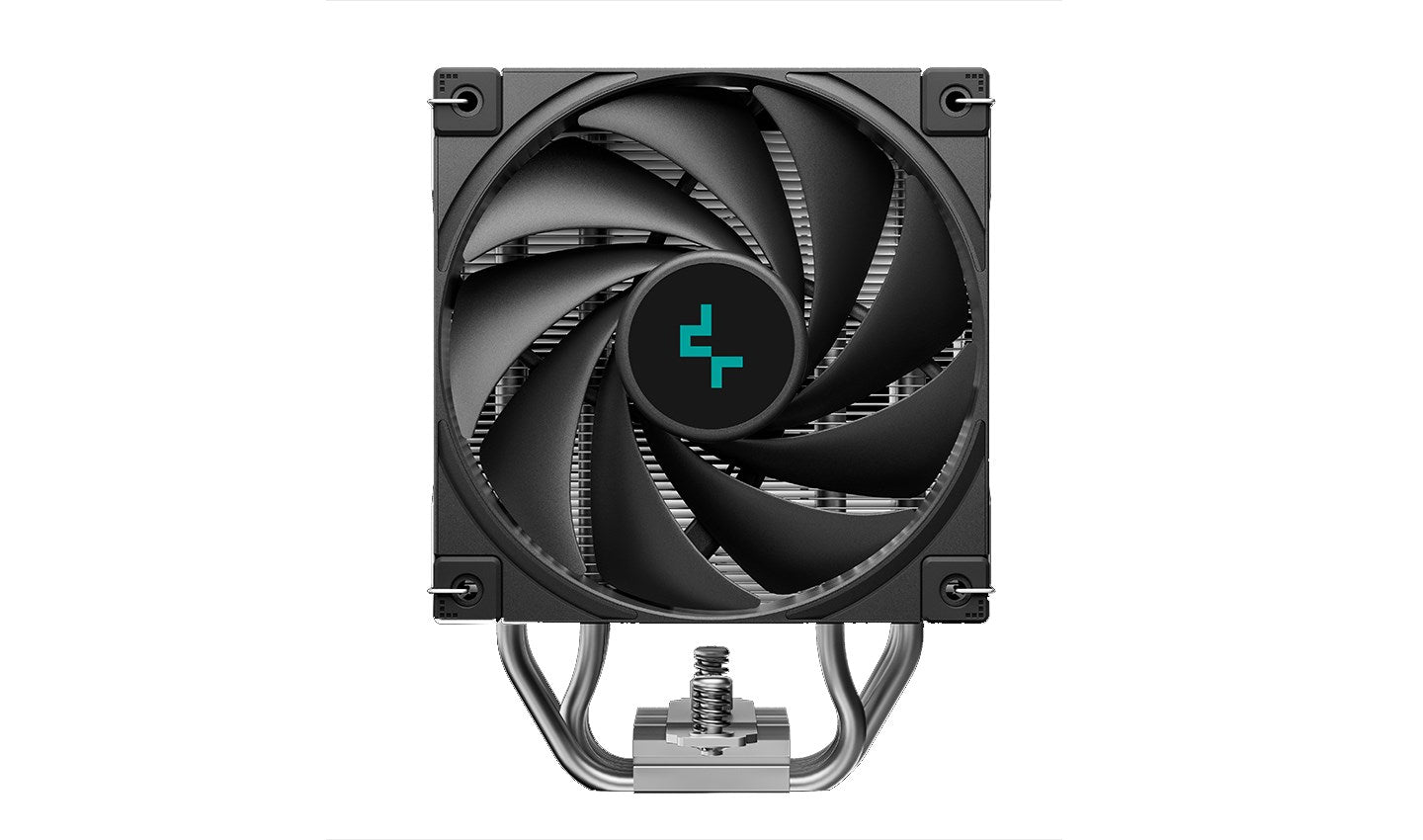 Ventola nera per CPU con logo turchese su sfondo nero.