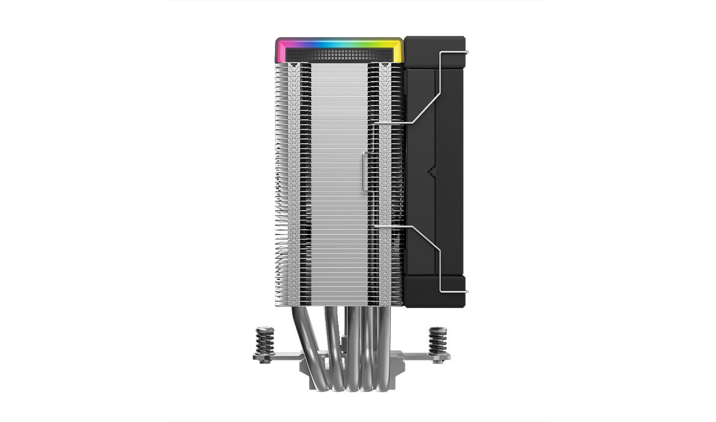 Un dissipatore con ventola e illuminazione RGB, alette argentate e alloggiamento nero.