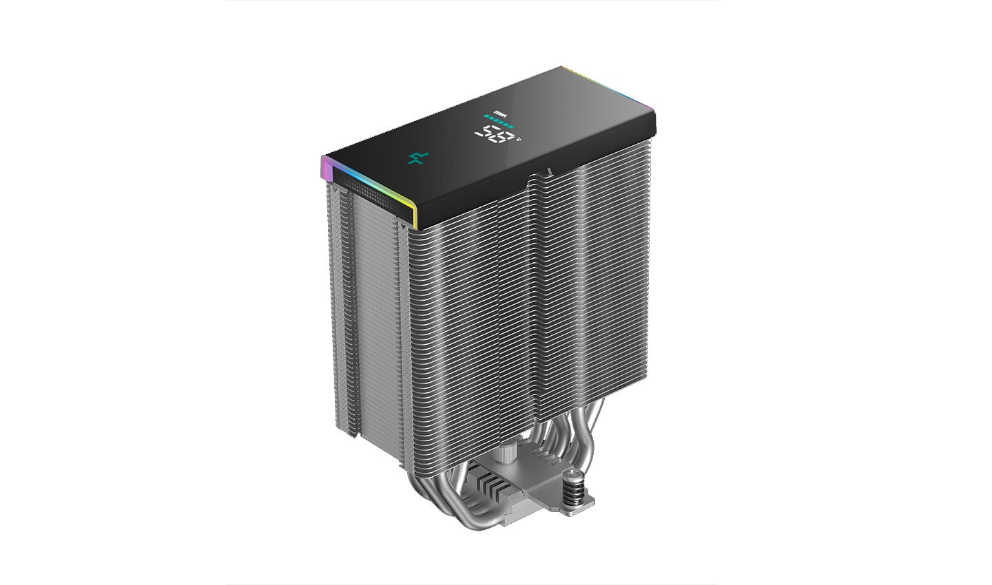 Un dissipatore CPU argentato con parte superiore nera e illuminazione RGB.