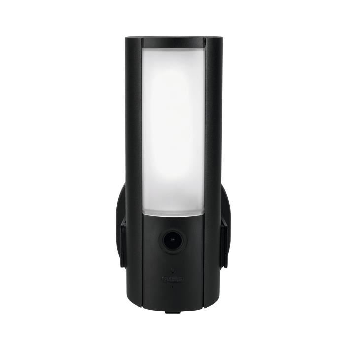 Aplique de pared negro con elemento de luz blanco esmerilado arriba y cámara abajo.