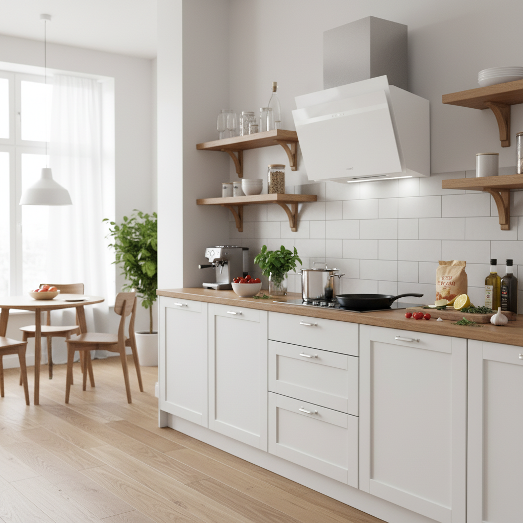 Moderna cocina blanca con toques de madera, isla y mesa de comedor.