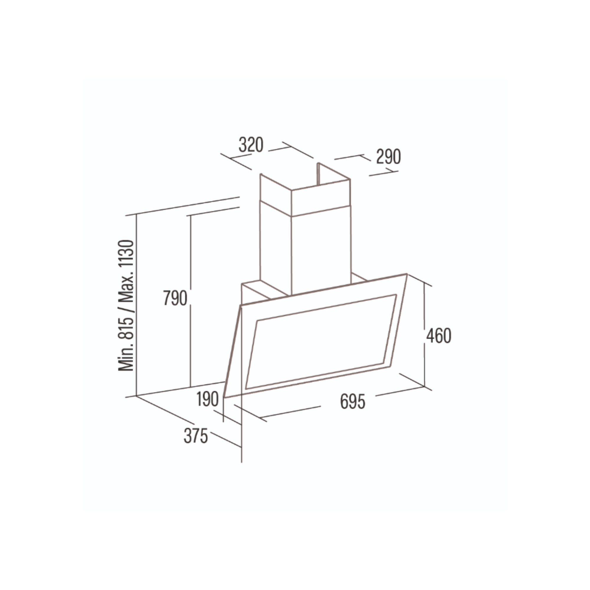 Dibujo técnico de una campana extractora con dimensiones: A 460, L 695, P 375 mm.