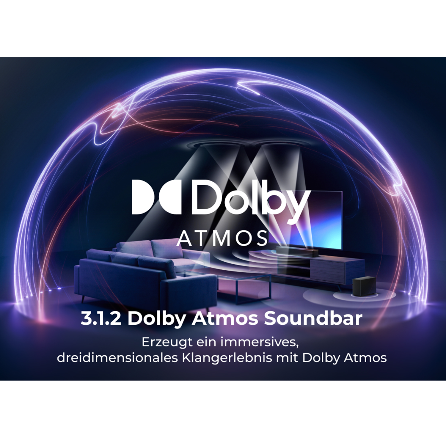 Ein Wohnzimmer mit Dolby Atmos Soundbar, umgeben von Lichteffekten.