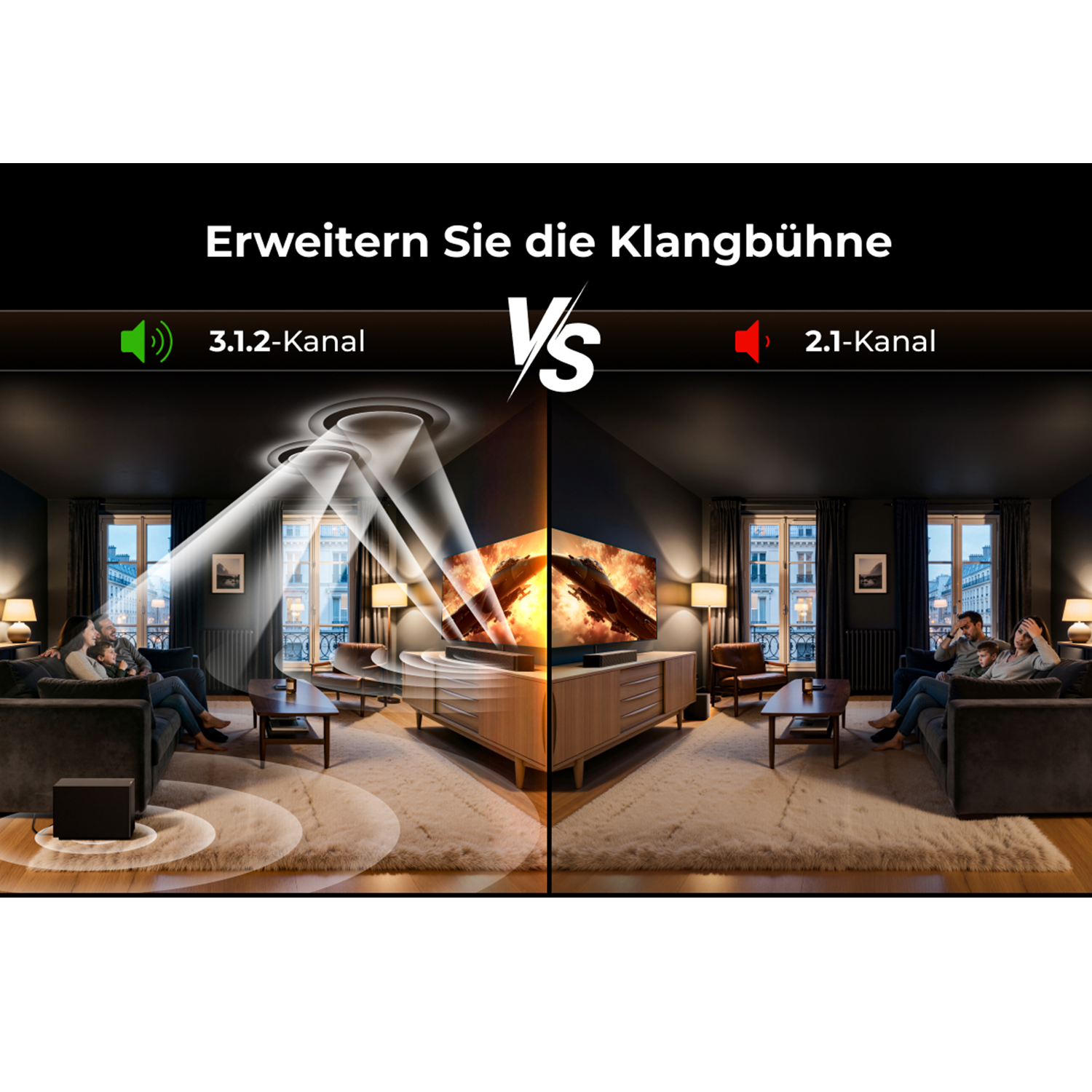 3.1.2 vs 2.1 Kanal: Familien schauen Film im Wohnzimmer mit Surround-Sound.