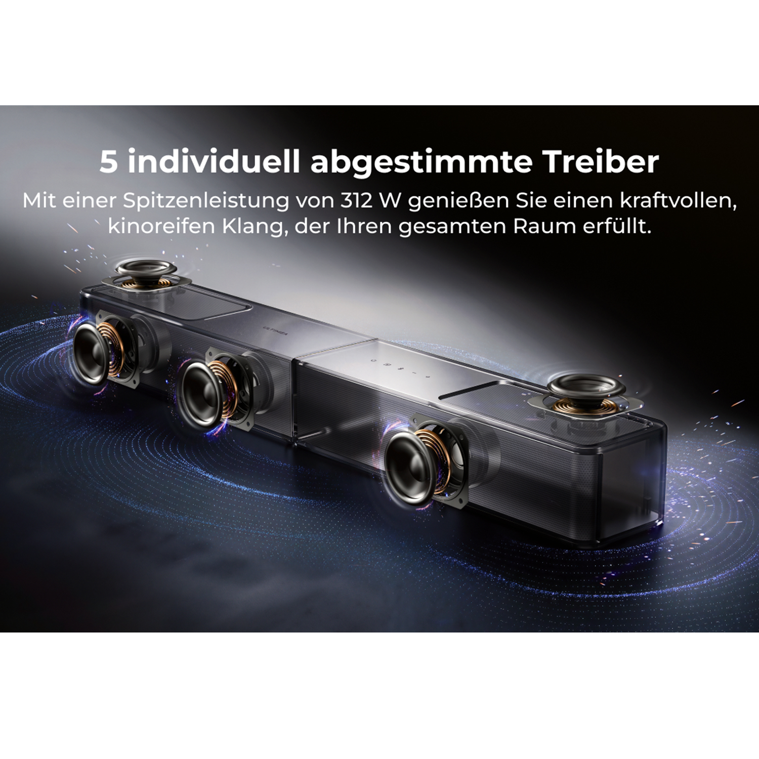 Soundbar mit 5 Treibern, 312W Spitzenleistung, detaillierte Ansicht.