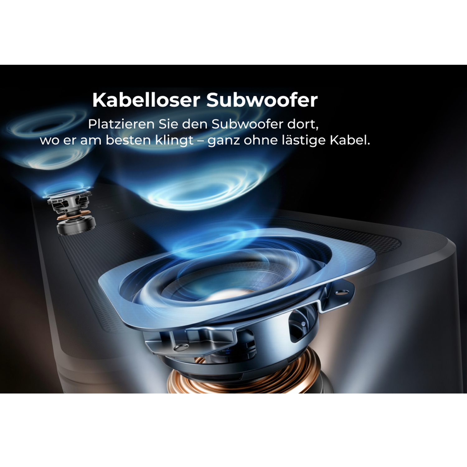 Detaillierter Blick auf einen kabellosen Subwoofer mit blauen Schallwellen.