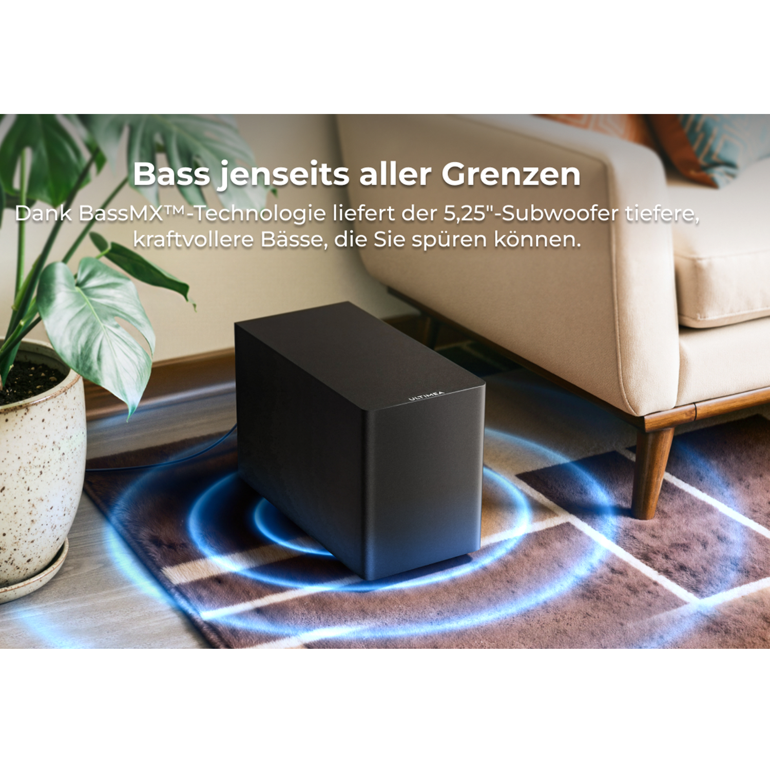 Schwarzer Subwoofer auf einem Teppich mit blauen Schallwellen.