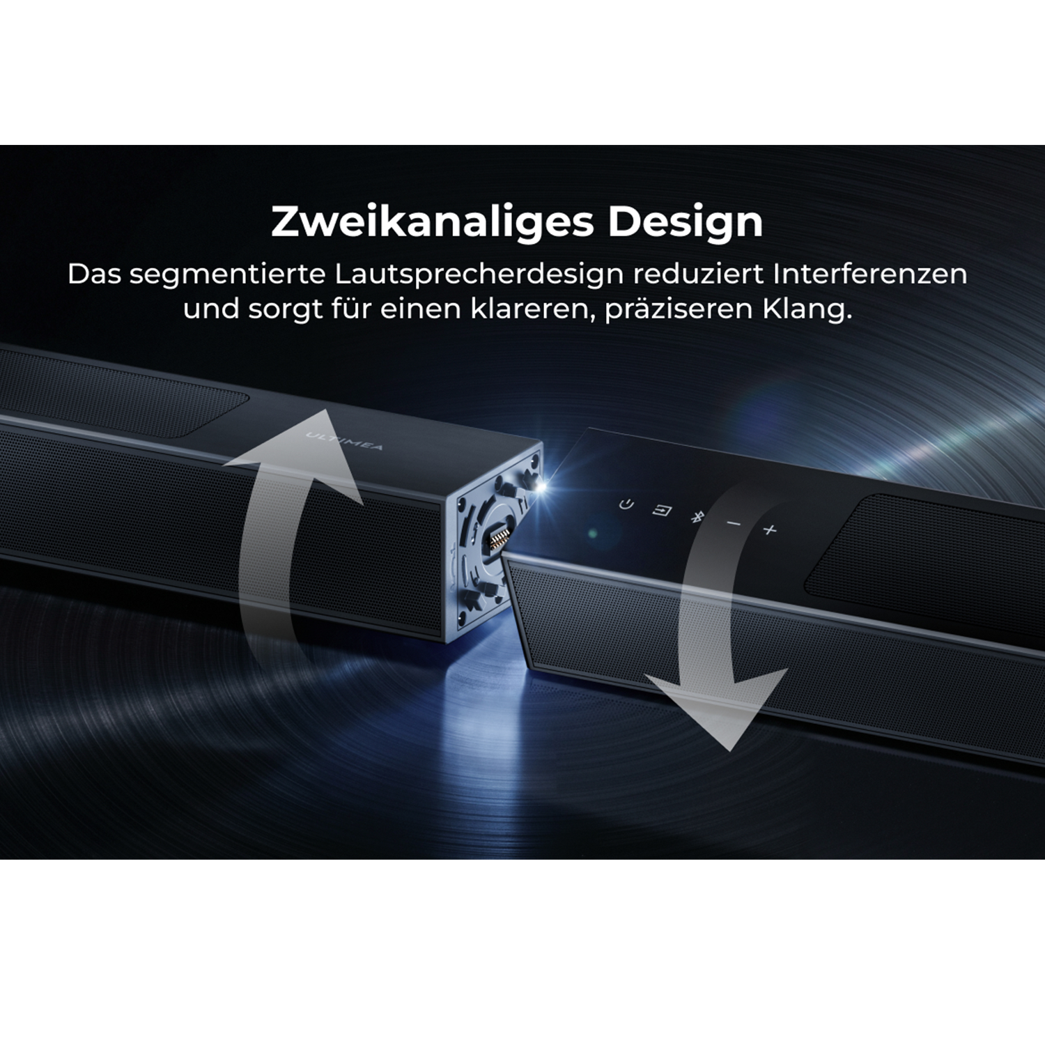 Zwei schwarze Lautsprecher mit Pfeilen, die ihre Verbindung zeigen.