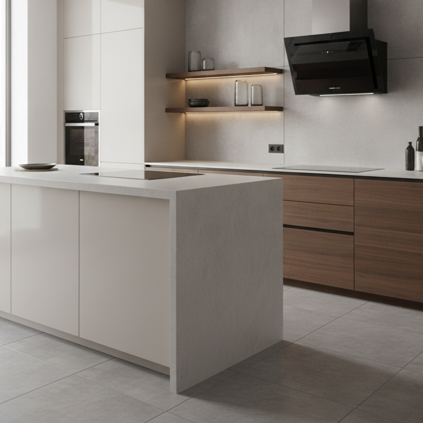 Cocina moderna con isla clara, horno empotrado y gabinetes de madera.