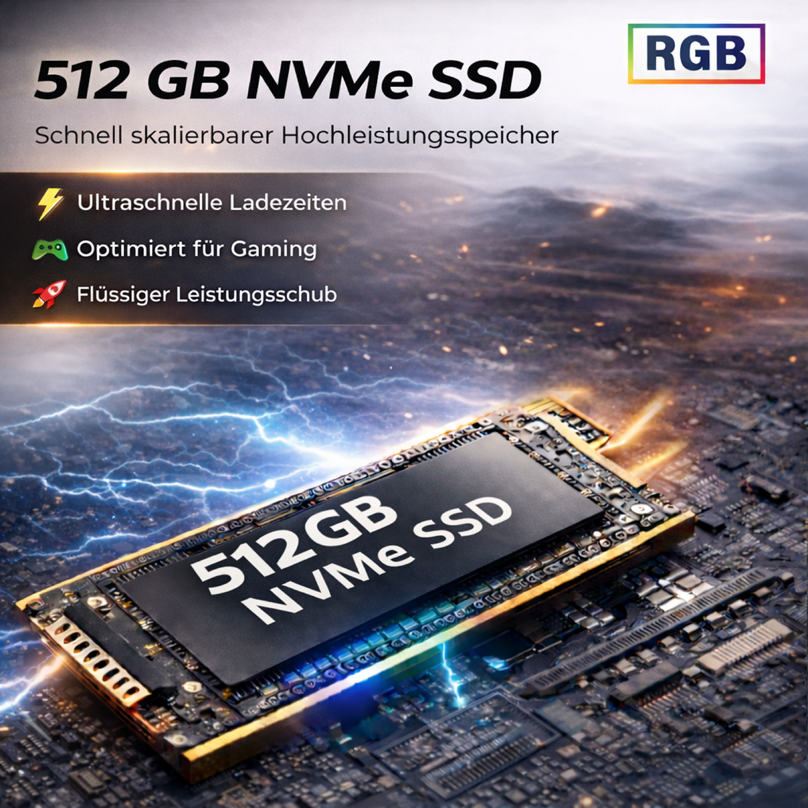 512 GB NVMe SSD mit RGB, mit Blitz, Gamecontroller und Raketensymbolen.