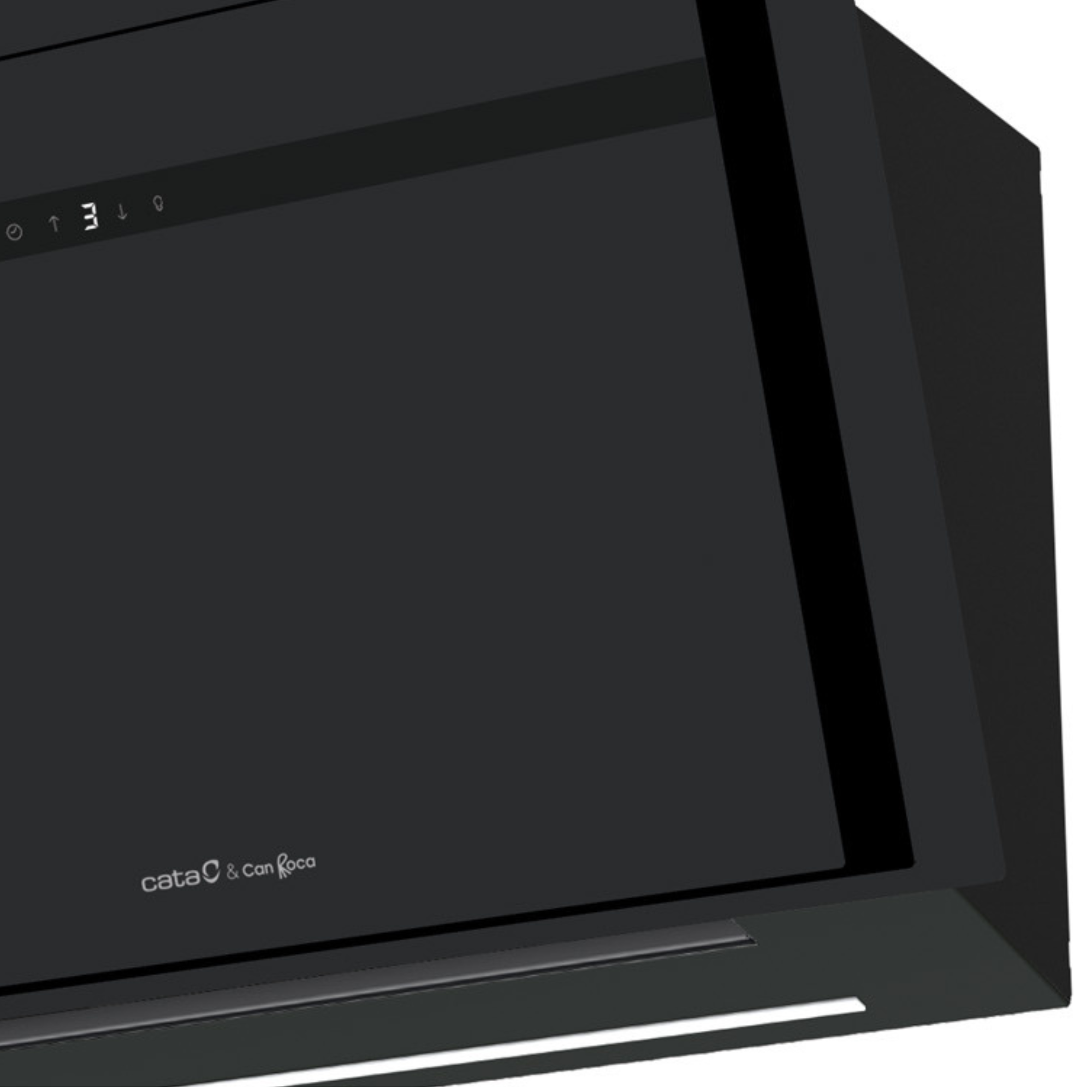Campana extractora negra con pantalla digital y logo.