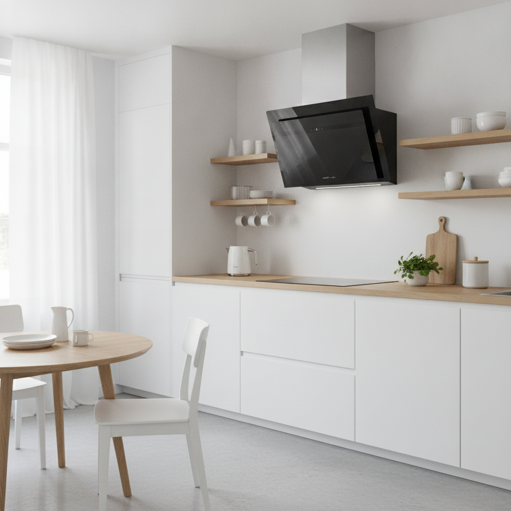 Una cocina luminosa y moderna con gabinetes blancos, encimera de madera y campana extractora negra.
