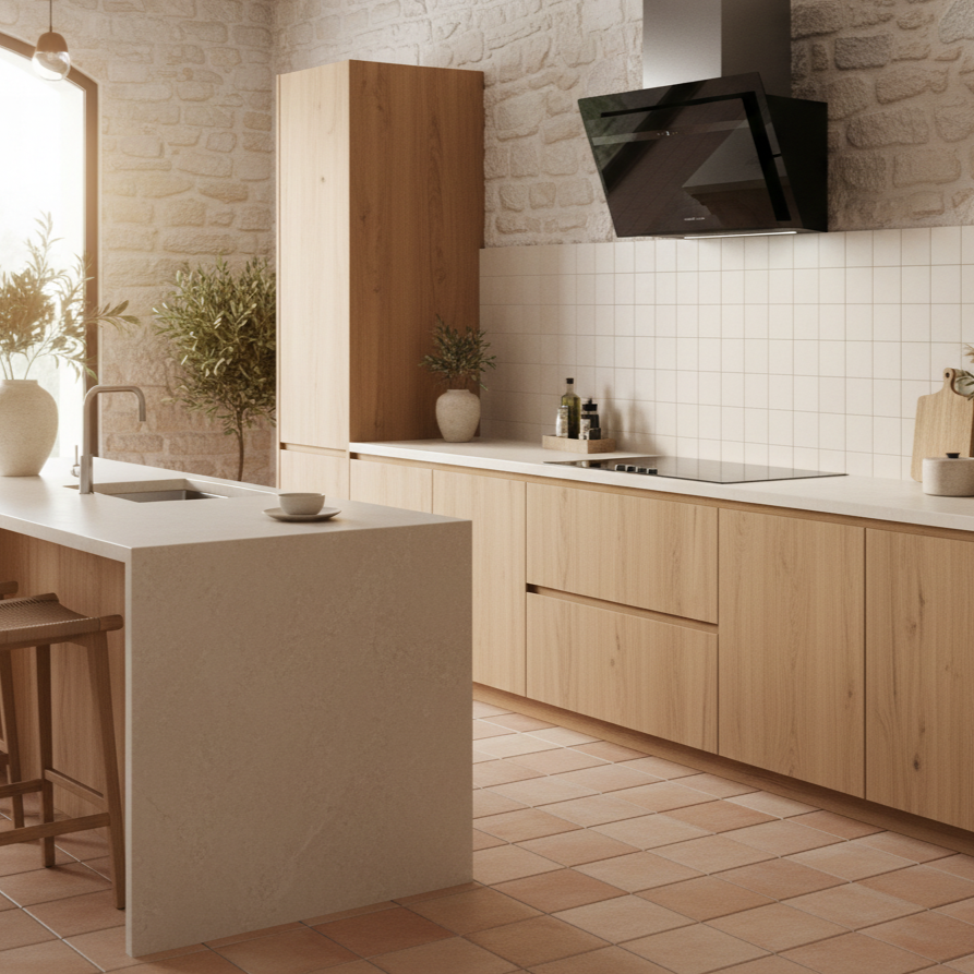 Cocina moderna con gabinetes de madera, pared de piedra e isla con taburetes.