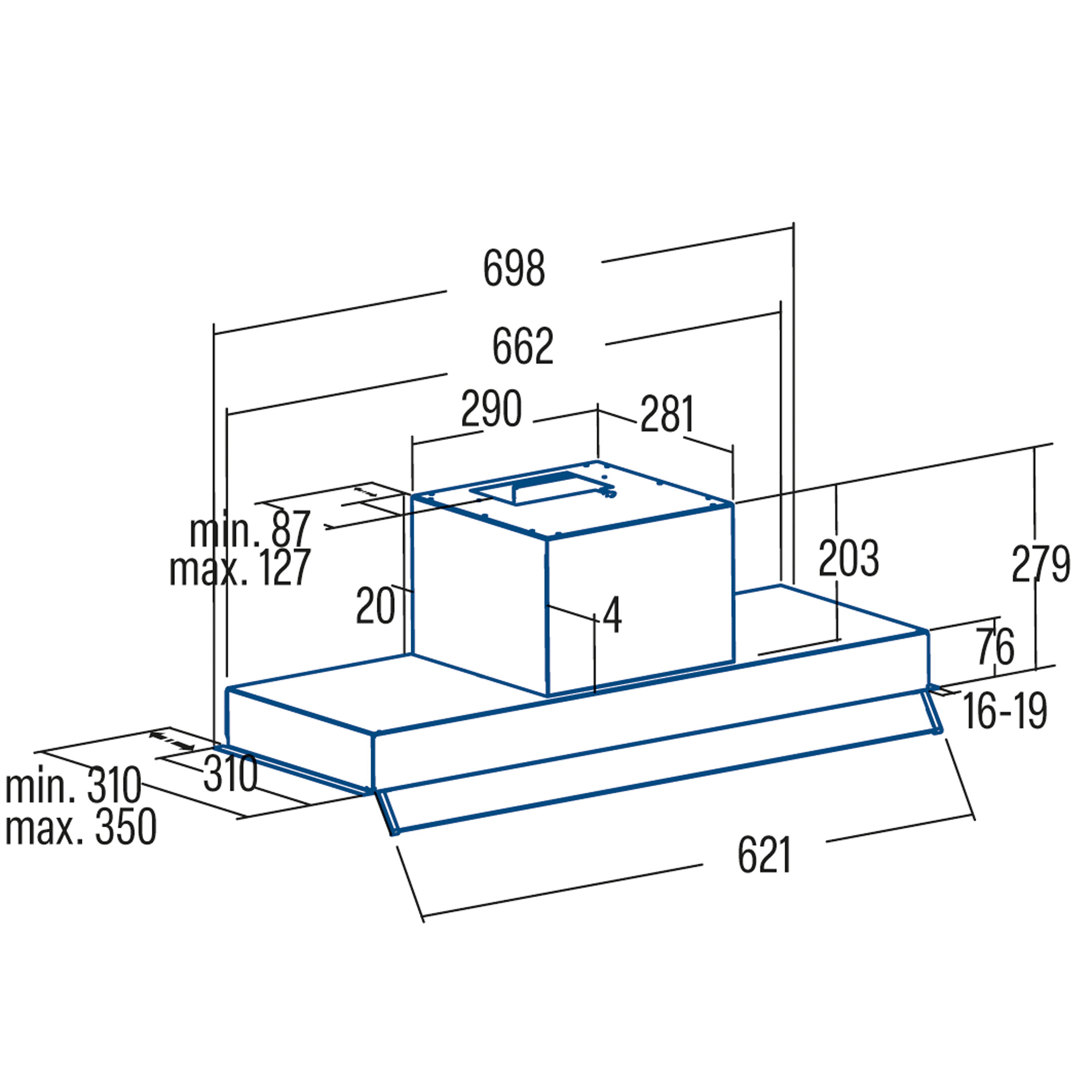 Dibujo técnico de una campana extractora con dimensiones.