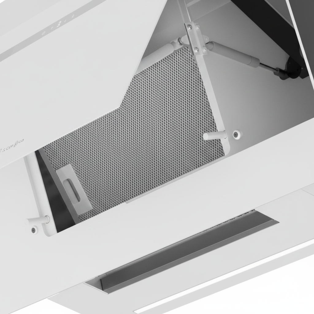 Interior de campana extractora blanca con filtro metálico, resortes de gas y luces LED.