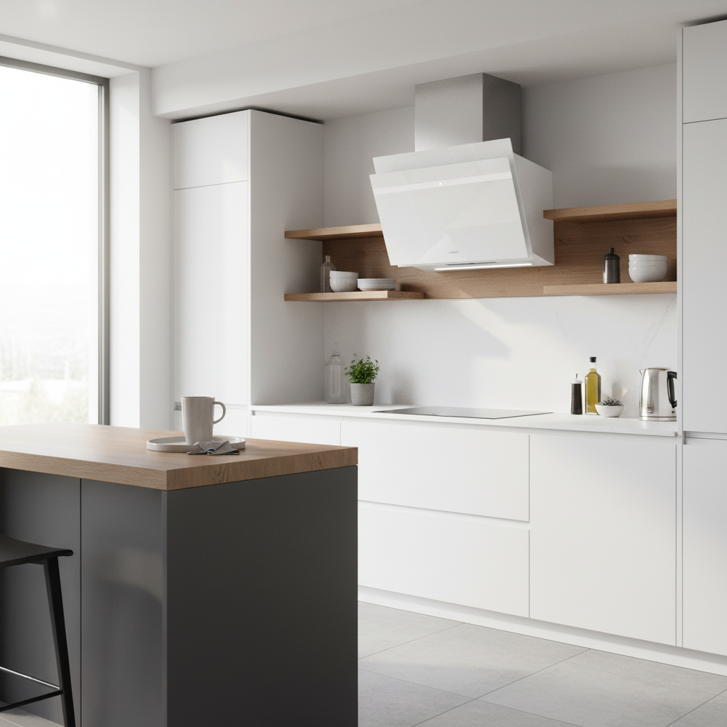 Moderna cocina blanca con isla, detalles de madera y gran ventanal.
