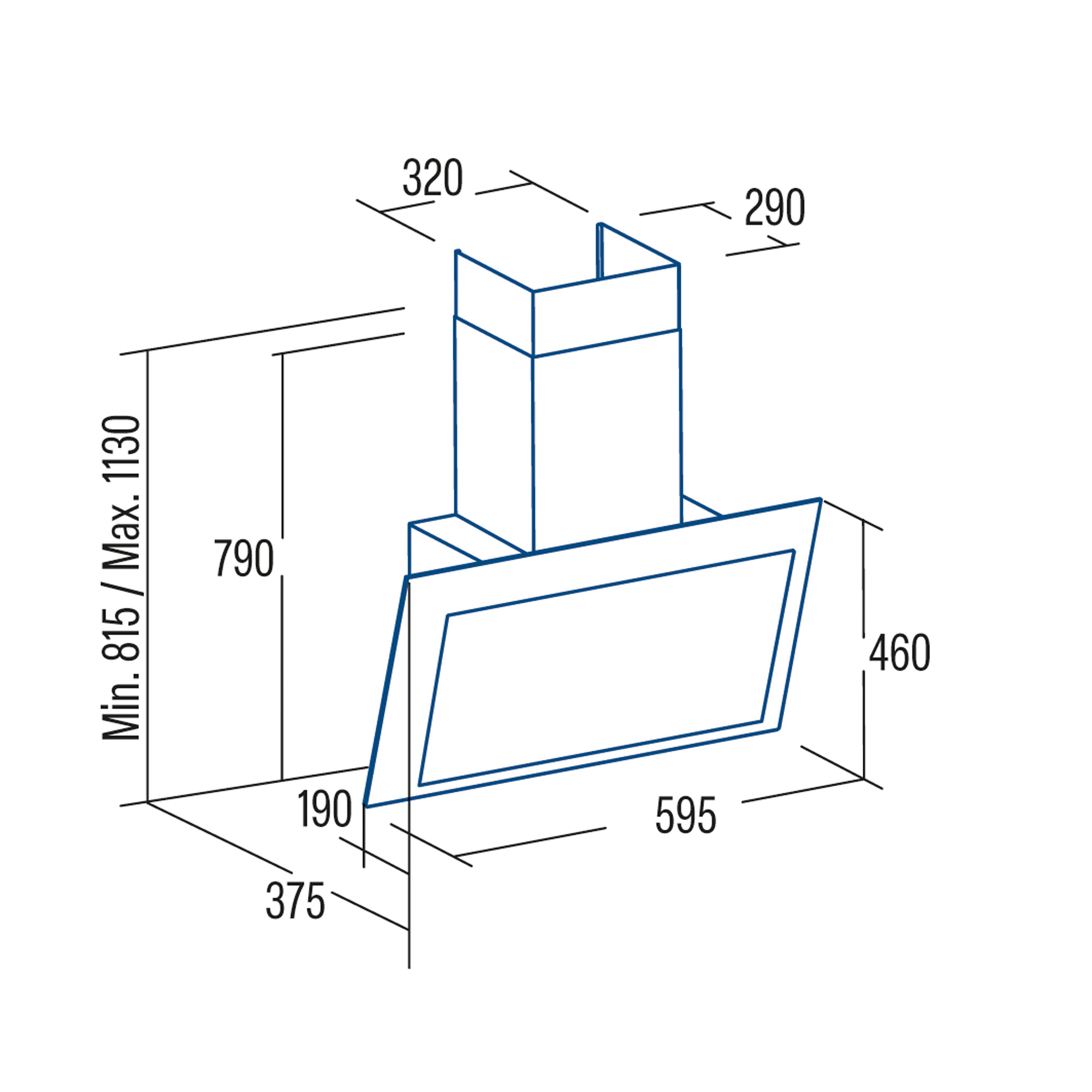 Dibujo técnico de una campana extractora con dimensiones.