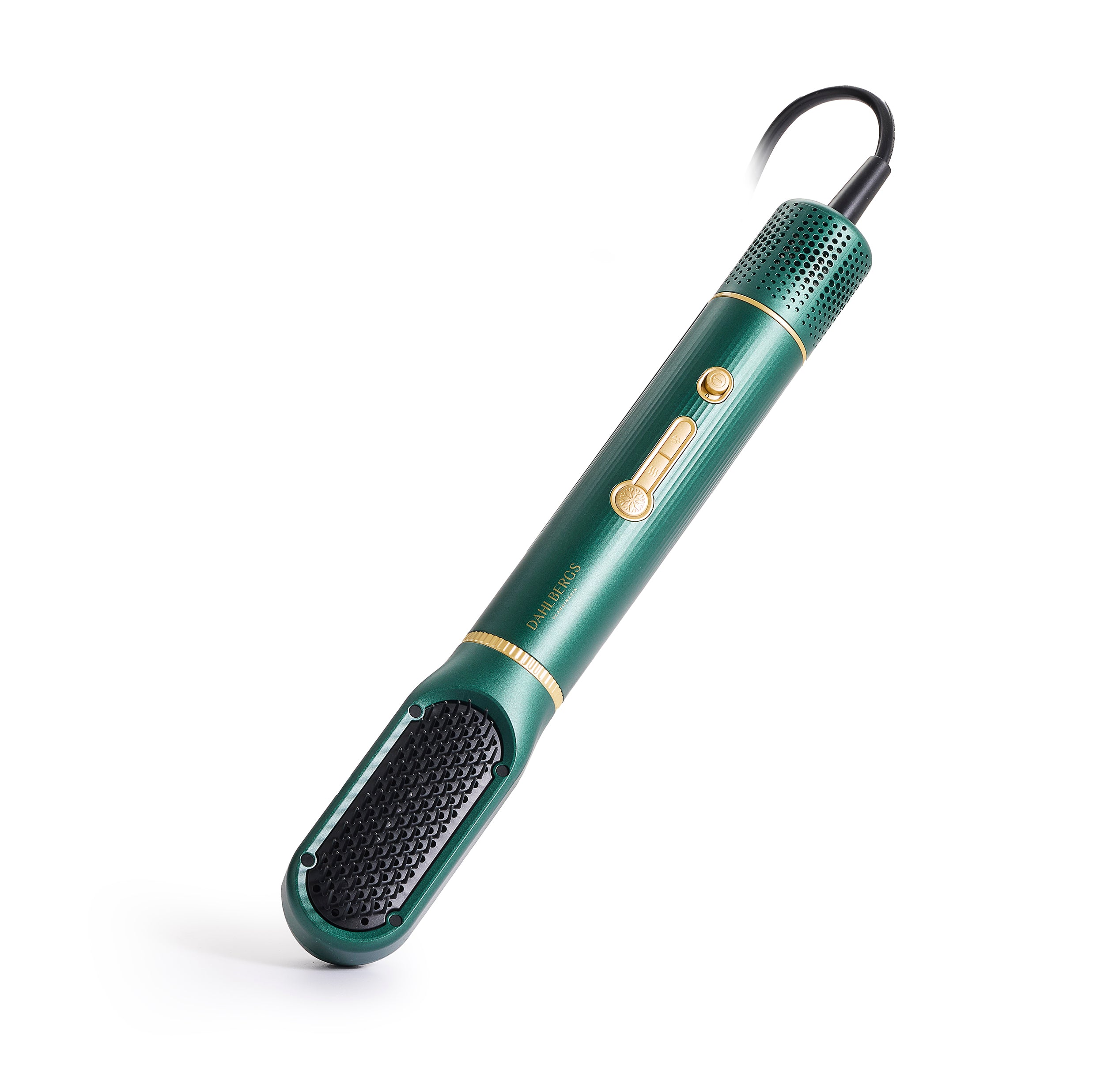 Un cepillo de pelo verde con detalles dorados y un cable negro.