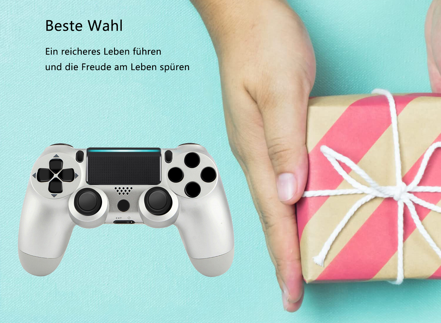 Weiße Spielkonsole und Geschenkpaket mit roten Streifen auf türkisfarbenem Hintergrund.