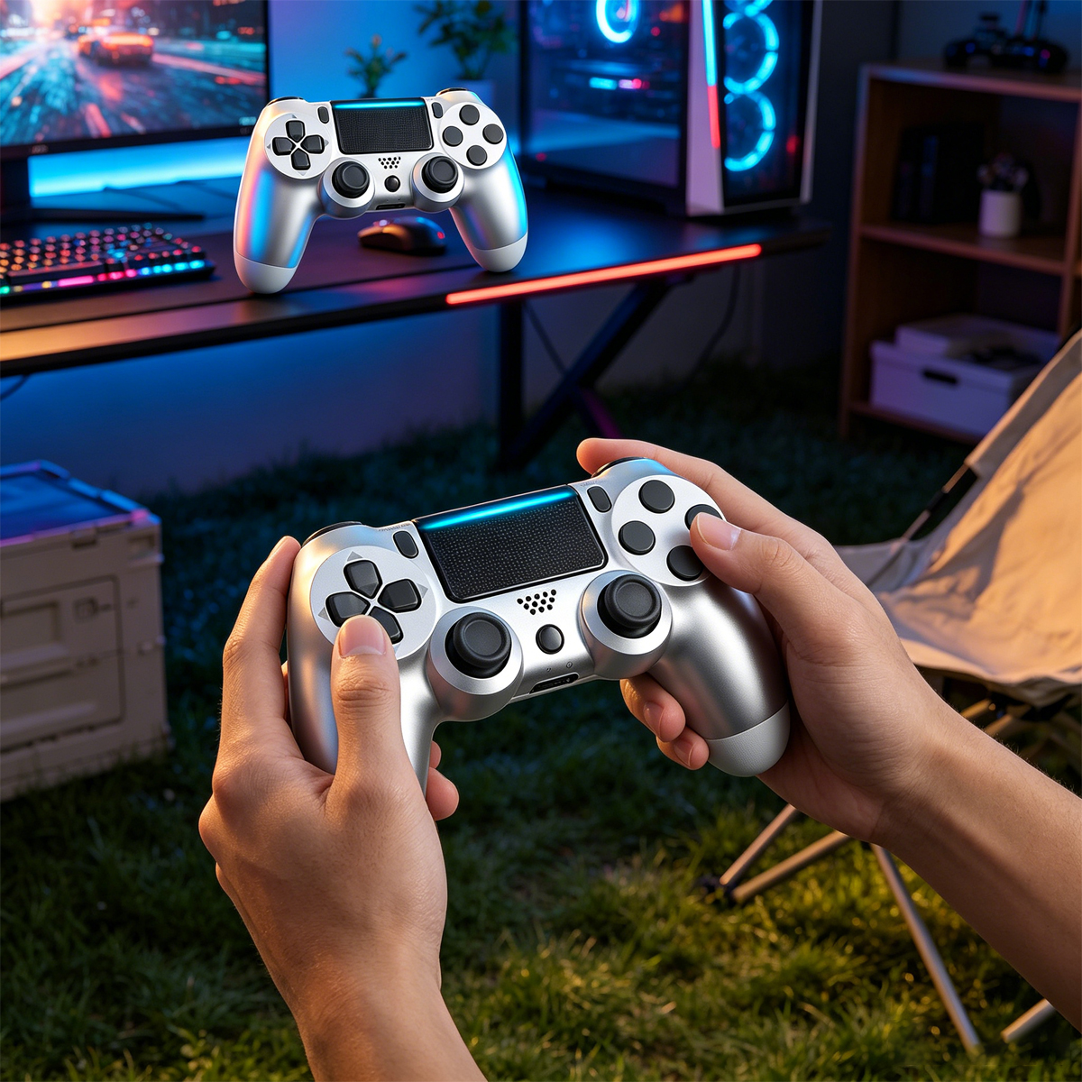 Silberner Controller in Händen, im Hintergrund ein Gaming-Setup.
