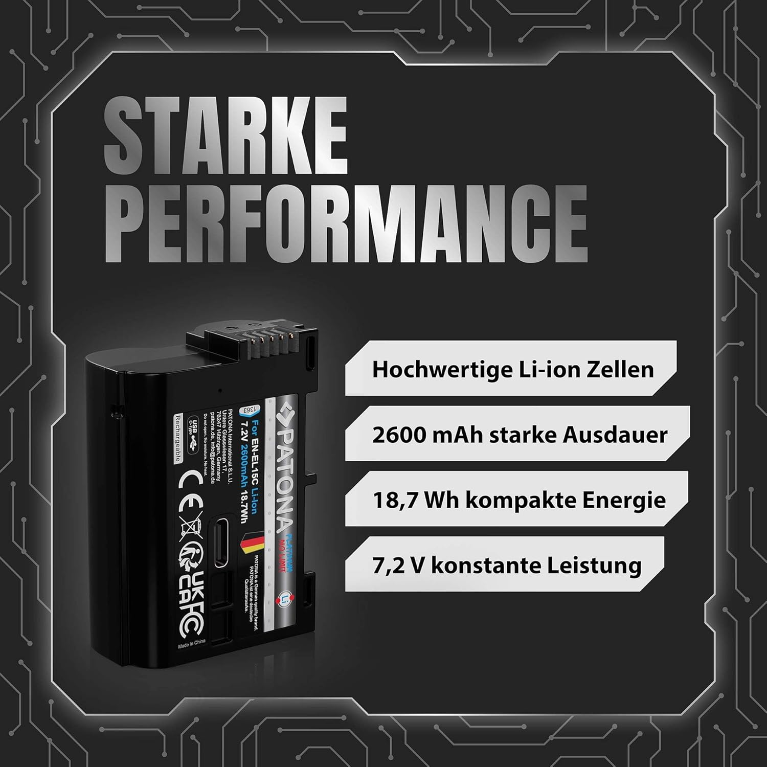 PATONA Akku mit 'Starke Performance' Aufdruck, 7,2V, 2600mAh, Li-Ion Zellen.
