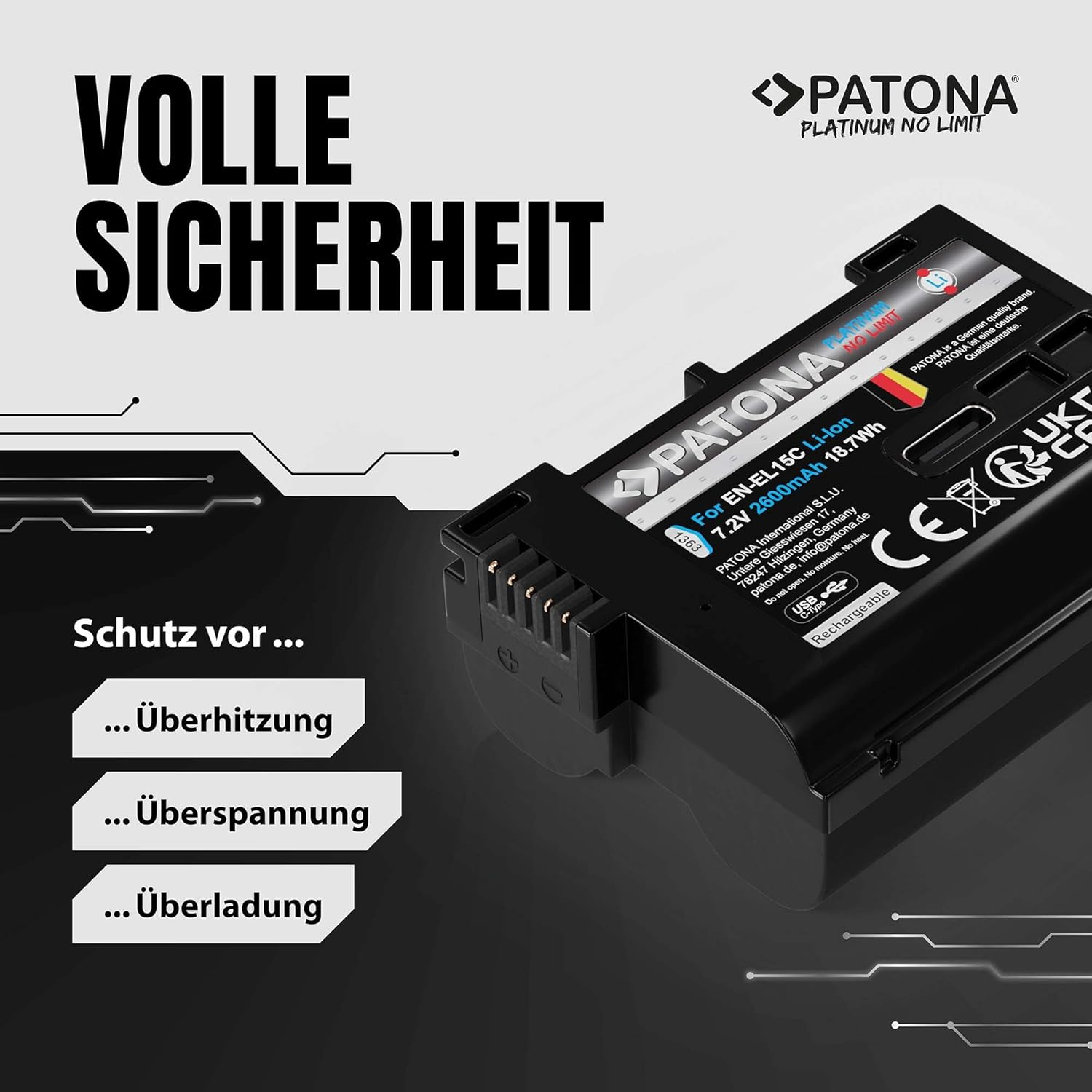 PATONA Akku mit Schutz vor Überhitzung, Überspannung und Überladung.