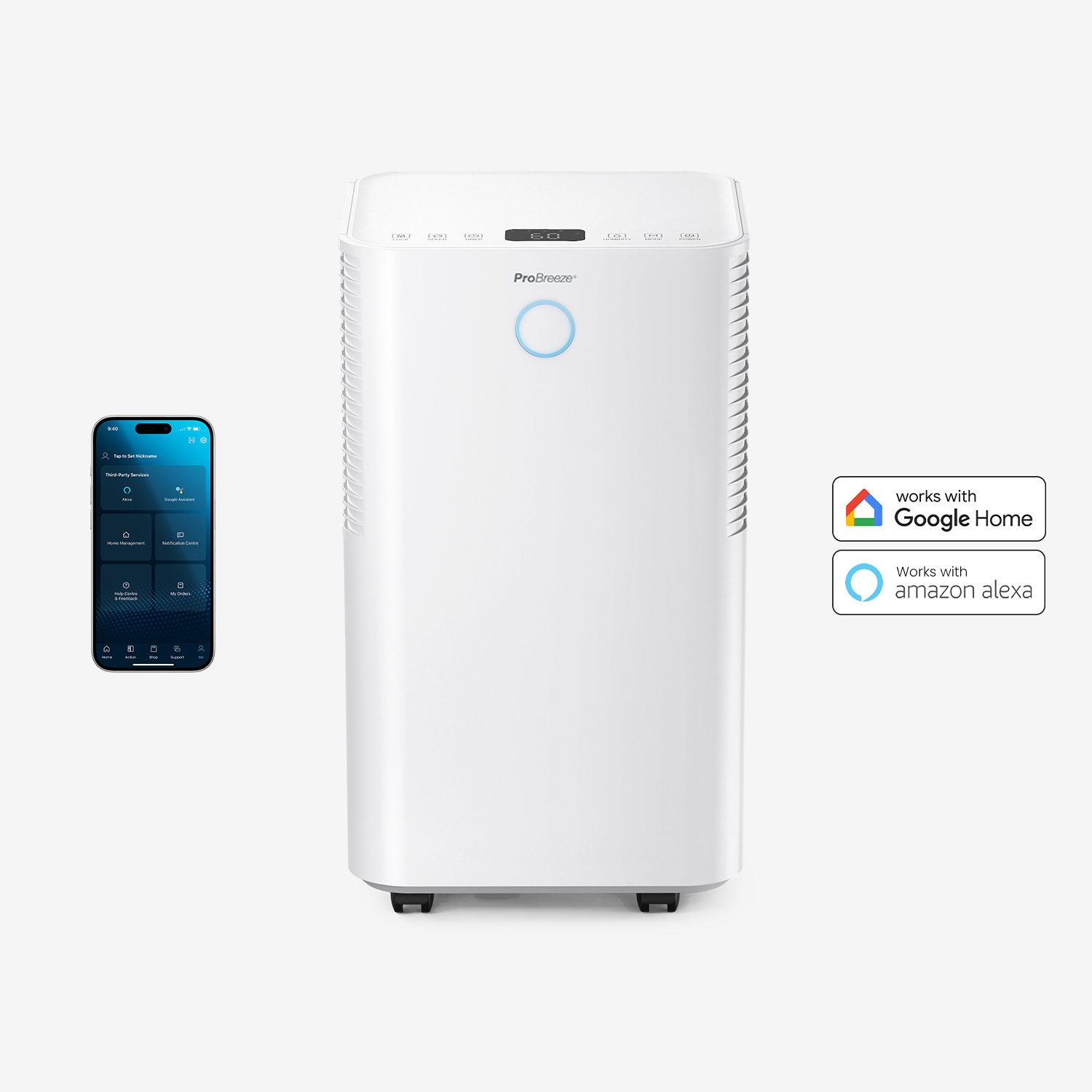 Een witte luchtreiniger met smartphone-app en Google Home en Alexa logo's.