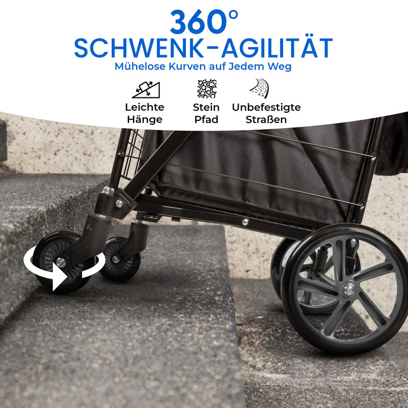 Ein schwarzer Einkaufswagen fährt über eine Steintreppe, um seine Wendigkeit zu demonstrieren.