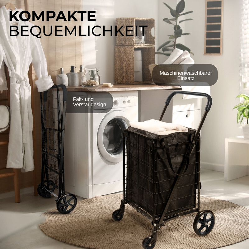 Wäschekorb mit Rollen vor Waschmaschine, mit Bademantel und Pflanzen.
