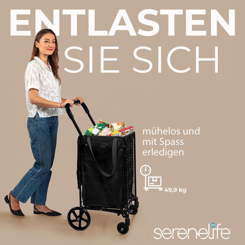 Eine Frau schiebt einen schwarzen Einkaufswagen voller Lebensmittel. Text im Hintergrund.
