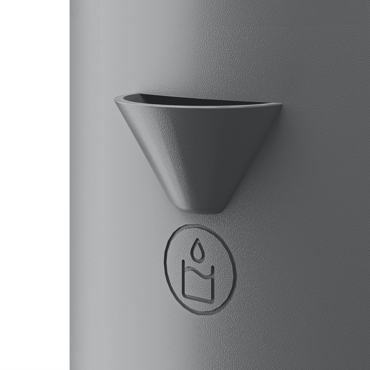 A gray cone protrudes from a textured gray surface. A candle symbol is engraved below it.