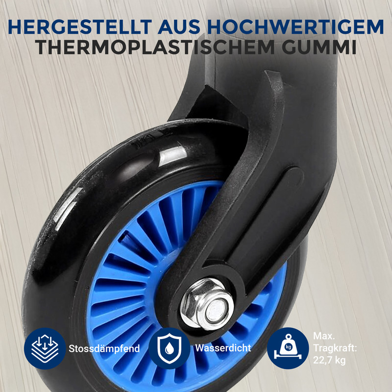 Schwarzes Rad mit blauer Felge, Stoßdämpfung, Wasserdicht, 22,7 kg Tragkraft.