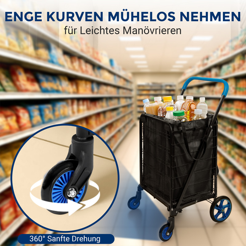 Ein Einkaufswagen mit gefülltem Fach steht in einem Supermarktgang. Ein Detail des Rades ist zu sehen.