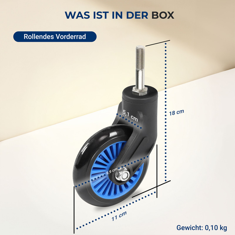 Ein schwarzes Vorderrad mit blauer Felge und Metallbolzen, mit Maßen.