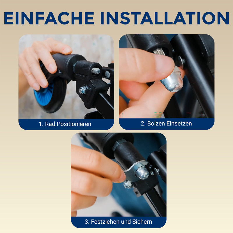 Schritte zeigen Scooter-Montage: Rad positionieren, Bolzen einsetzen, festziehen.