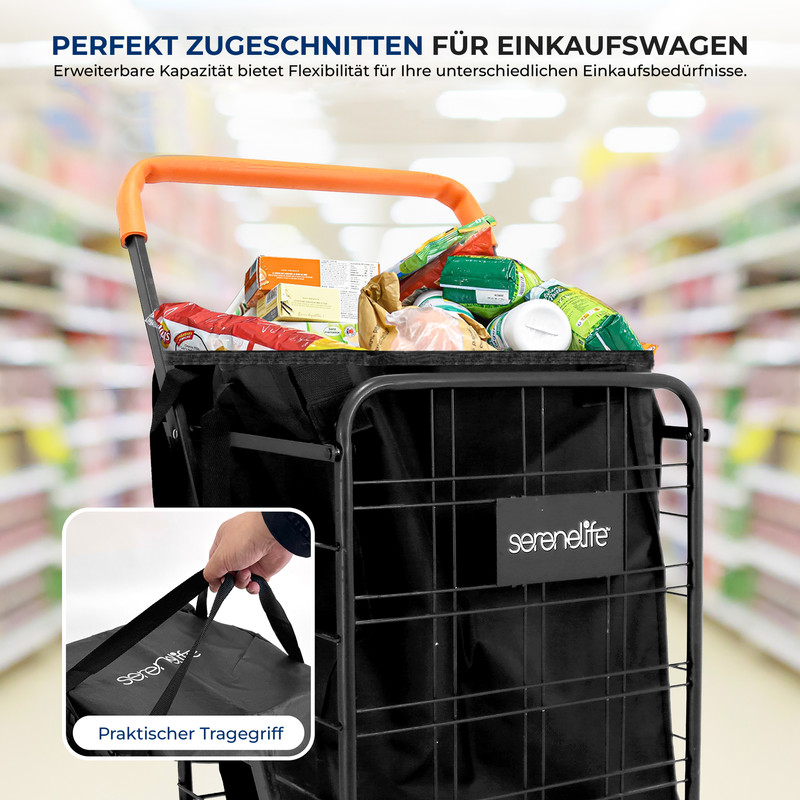 Ein Einkaufswagen mit orangefarbenem Griff, gefüllt mit Produkten, im Supermarkt.