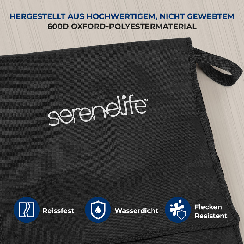 Schwarze Tasche aus Oxford-Polyester mit Logo und Icons für Reißfestigkeit, Wasserdichtigkeit, Fleckenresistenz.