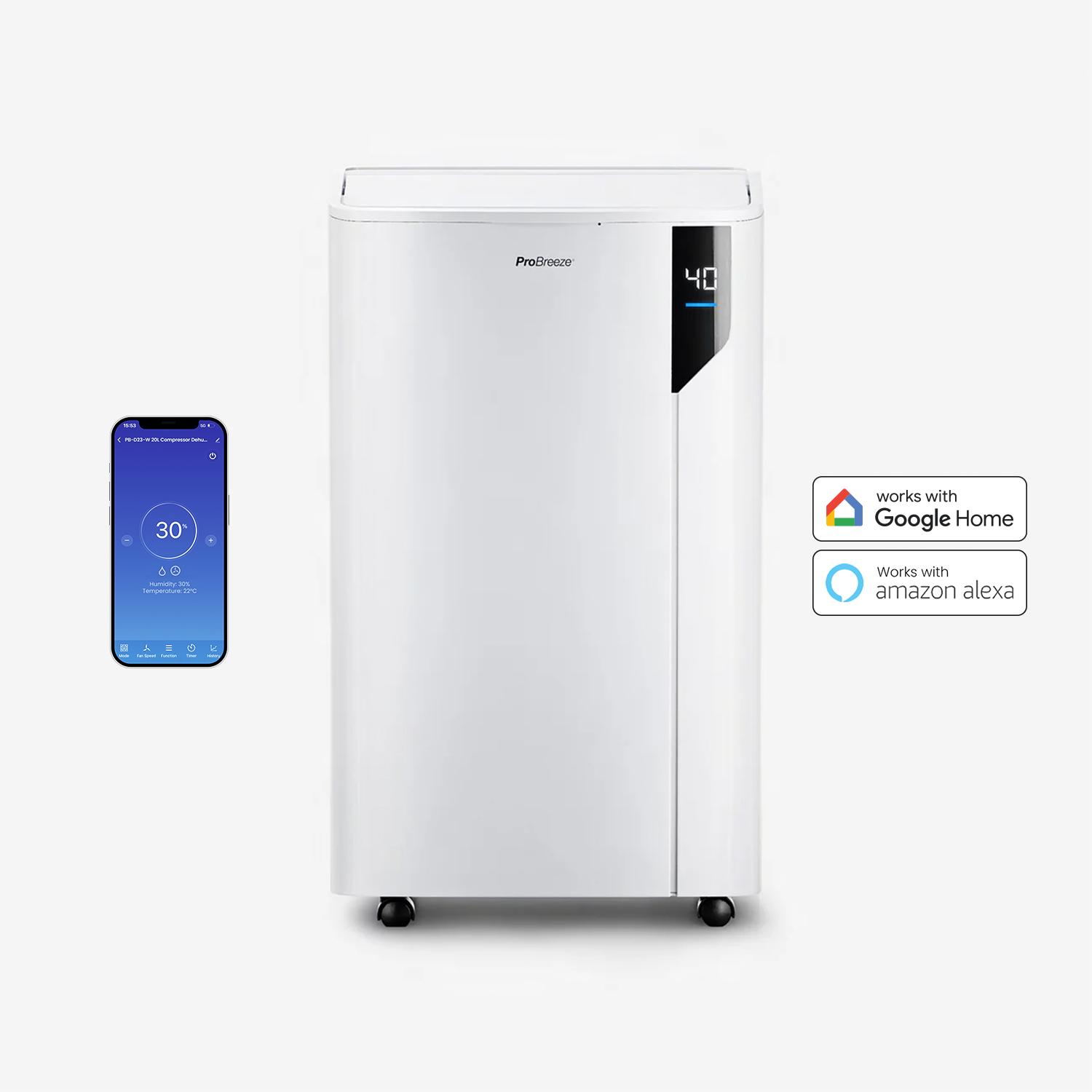 Een witte luchtontvochtiger met digitaal display en app-bediening.