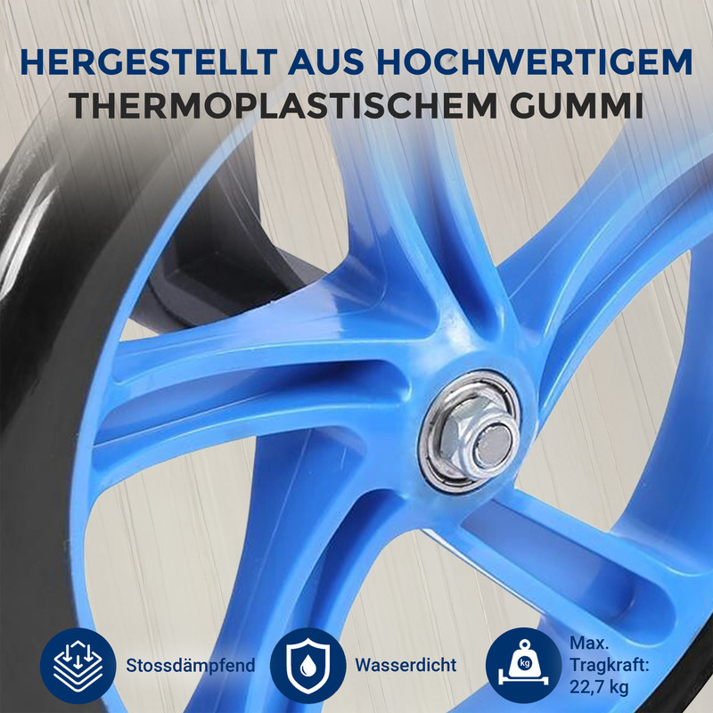 Nahaufnahme eines blauen Rades mit silbernem Lager. "Hergestellt aus hochwertigem thermoplastischem Gummi."