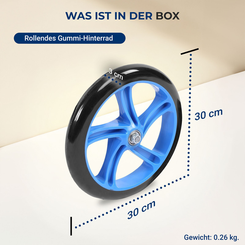 Ein blaues Rad mit schwarzem Reifen, 30 cm Durchmesser. Gewicht 0,26 kg.