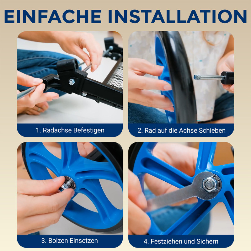 Schritt-für-Schritt-Anleitung zur Montage eines Rades mit Werkzeugen und Händen.