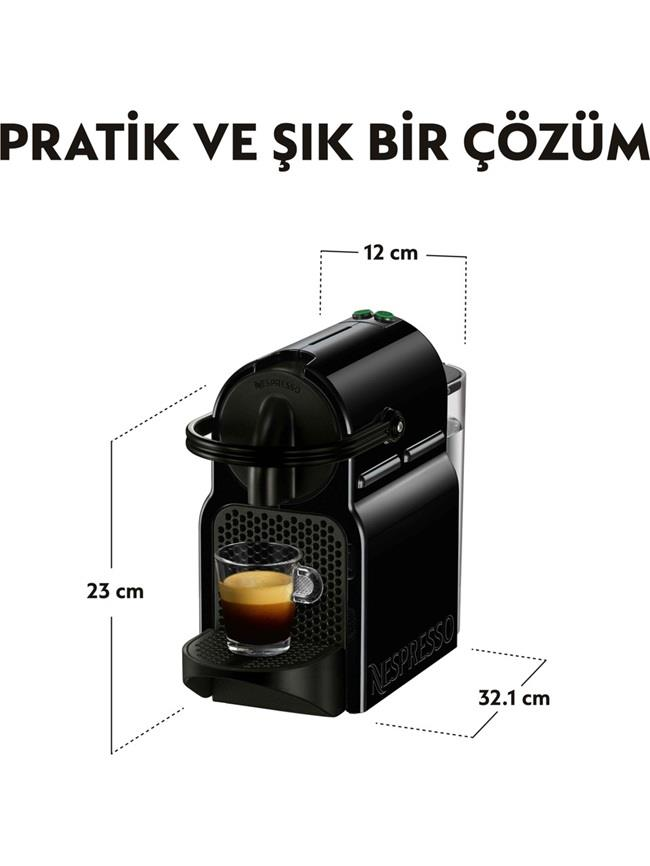 Siyah Nespresso makinesi espresso fincanıyla, ölçüler: 12x23x32,1 cm.