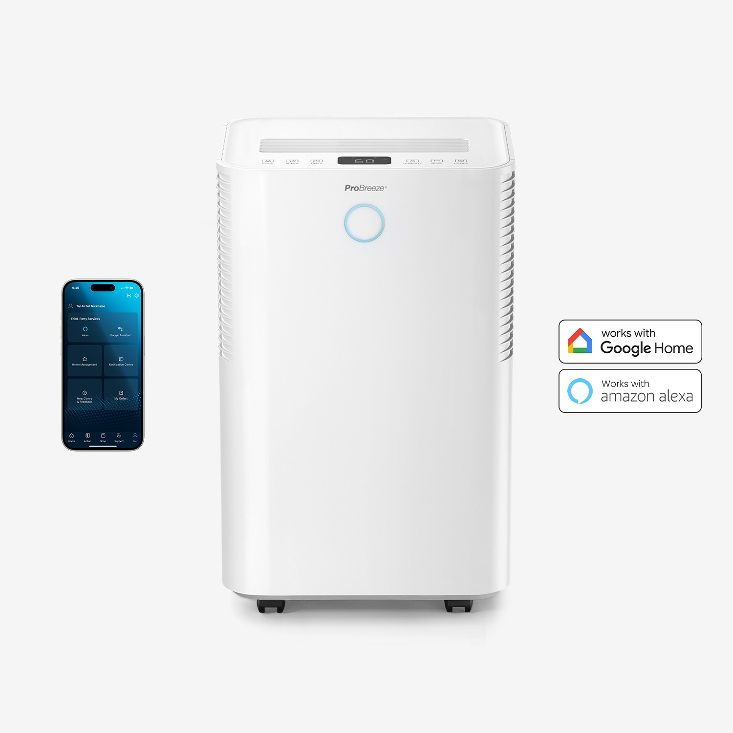 Un deumidificatore bianco con uno smartphone che mostra la sua app.