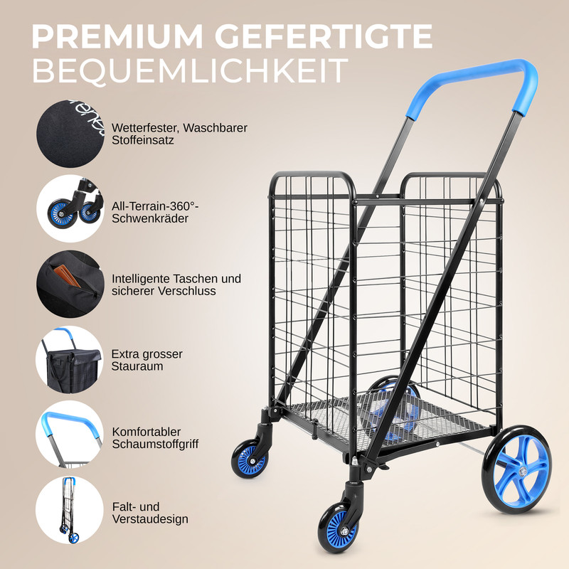 Ein schwarzer Einkaufswagen mit blauen Rädern und Griff, der auf einem hellen Hintergrund steht.