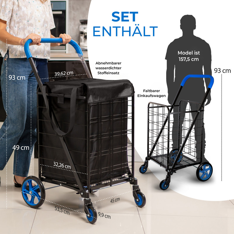 Ein schwarzer Einkaufswagen mit blauen Griffen und Rädern wird gezeigt.