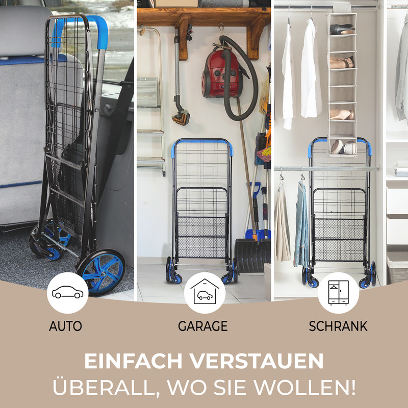 Ein blauer und schwarzer Einkaufswagen wird in verschiedenen Szenarien gezeigt: im Auto, in einer Garage und in einem Schrank.