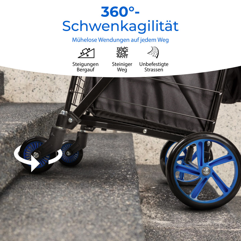 Ein schwarzer Bollerwagen mit blauen Rädern fährt auf Steinstufen, 360° Wendigkeit.