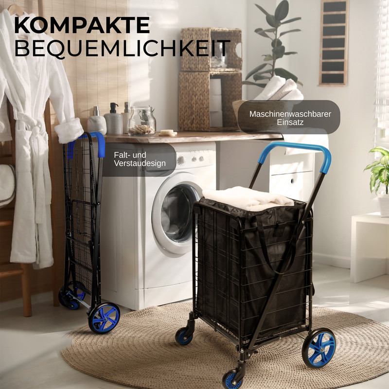 Zwei Einkaufswagen stehen in einem Waschraum neben einer Waschmaschine.